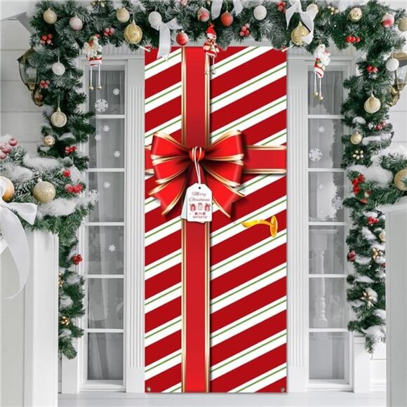 Christmas Door Cover Decoration Merry Box Bowknot Photography Backdrop Outdoor - Picture 6 of 7